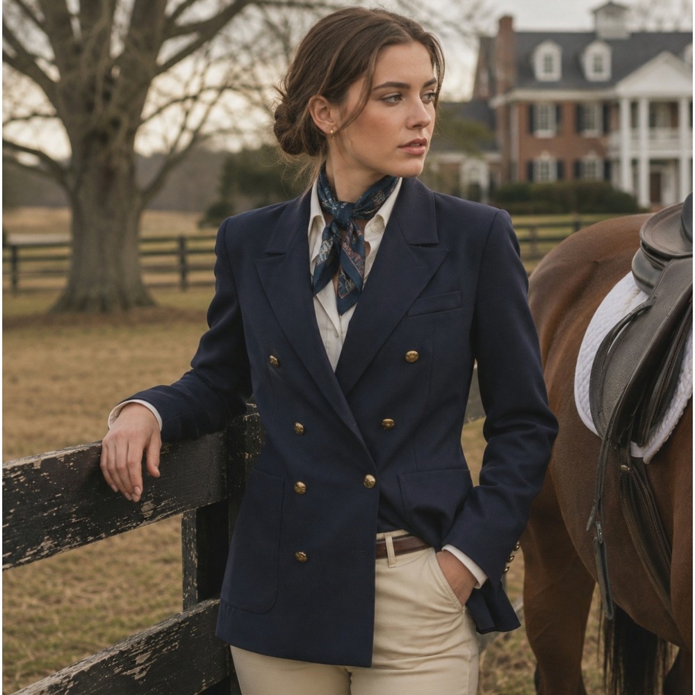 J Peterman Women's Double Breasted Blazer Navy Blue Gold Buttons 14 Wool Vintage